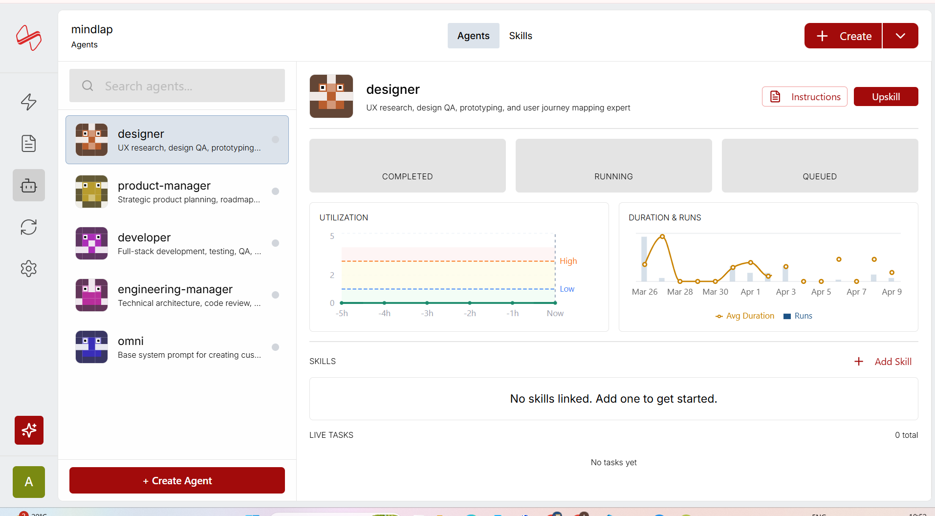 Agents page — browse agents, view utilization metrics, and manage skills