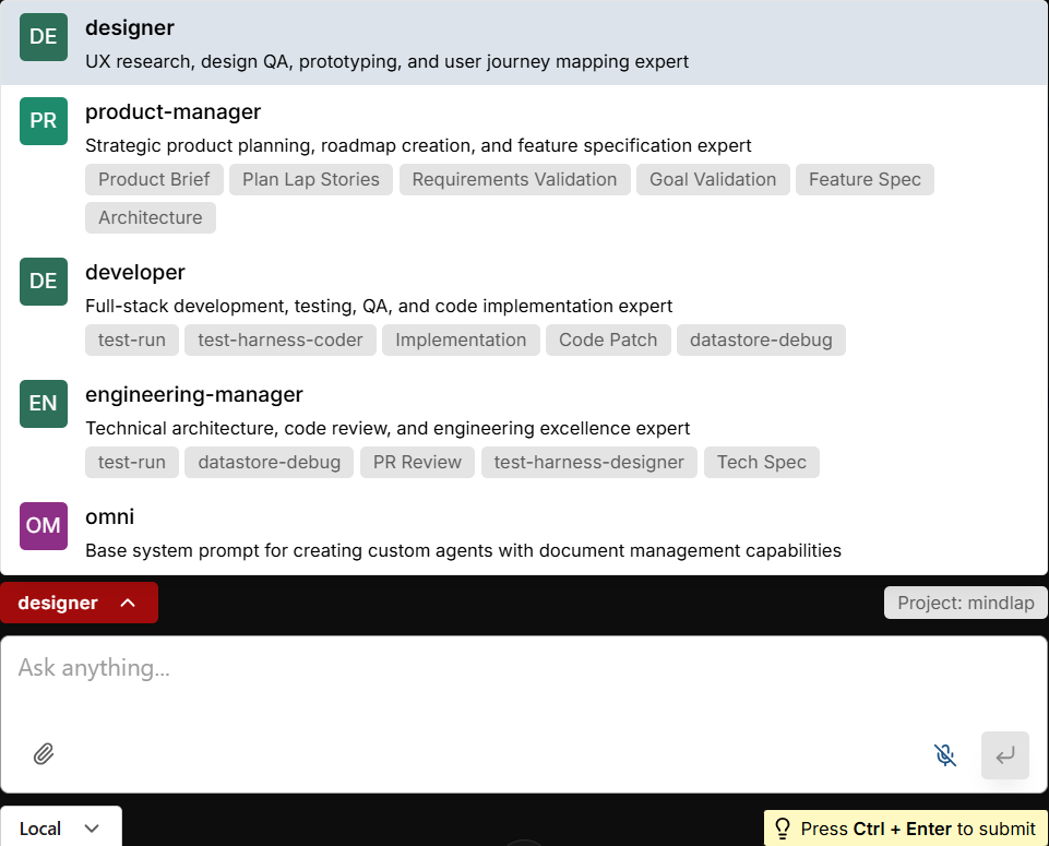 Omnibox — select an agent, write instructions, and choose execution mode