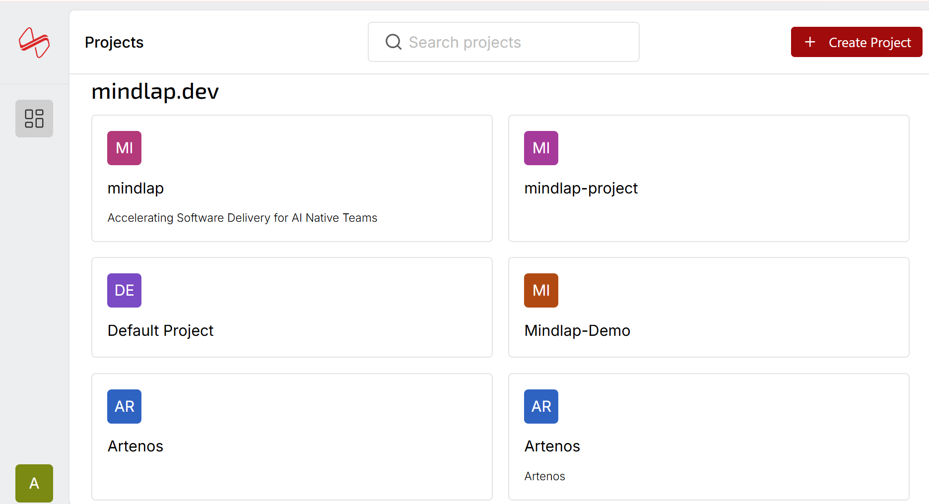 Projects page — view and manage all projects in your organization