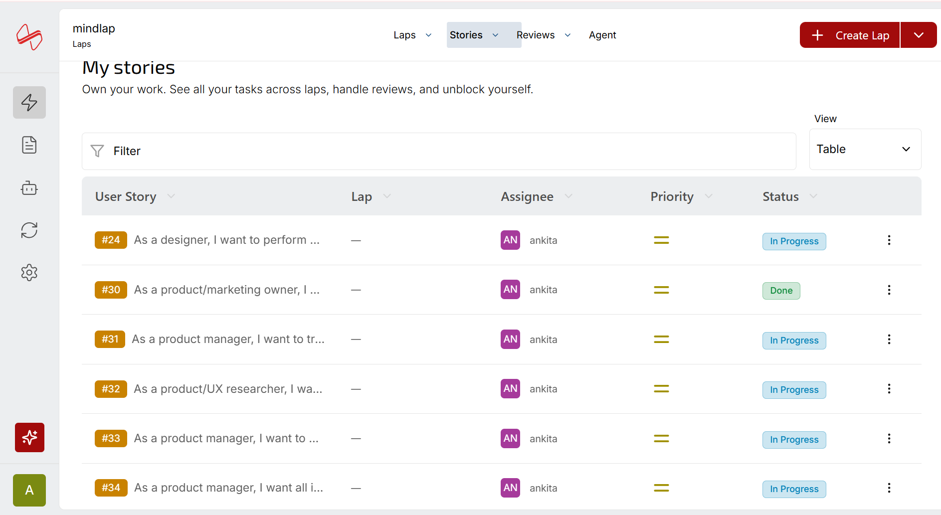 My Stories — view tasks across laps with assignee, priority, and status